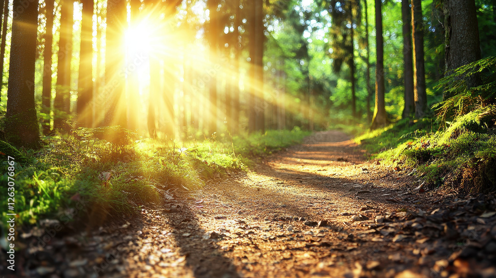 Obraz premium scenic hiking trail through lush forest with sunlight streaming