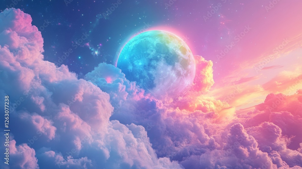 Obraz premium Iridescent clouds gently encircling a full moon, their rainbow-like hues creating a celestial spectacle,