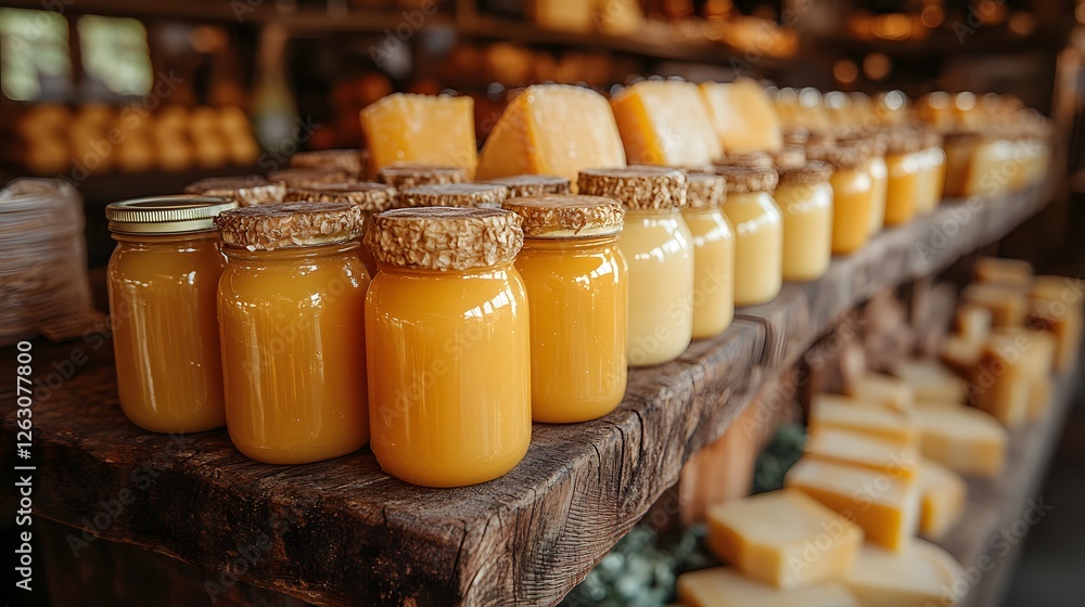 Local honey jars and artisan cheeses neatly arranged in a farm shop, rustic charm Local honey jars and artisan cheeses neatly arranged in a farm shop, rustic charm