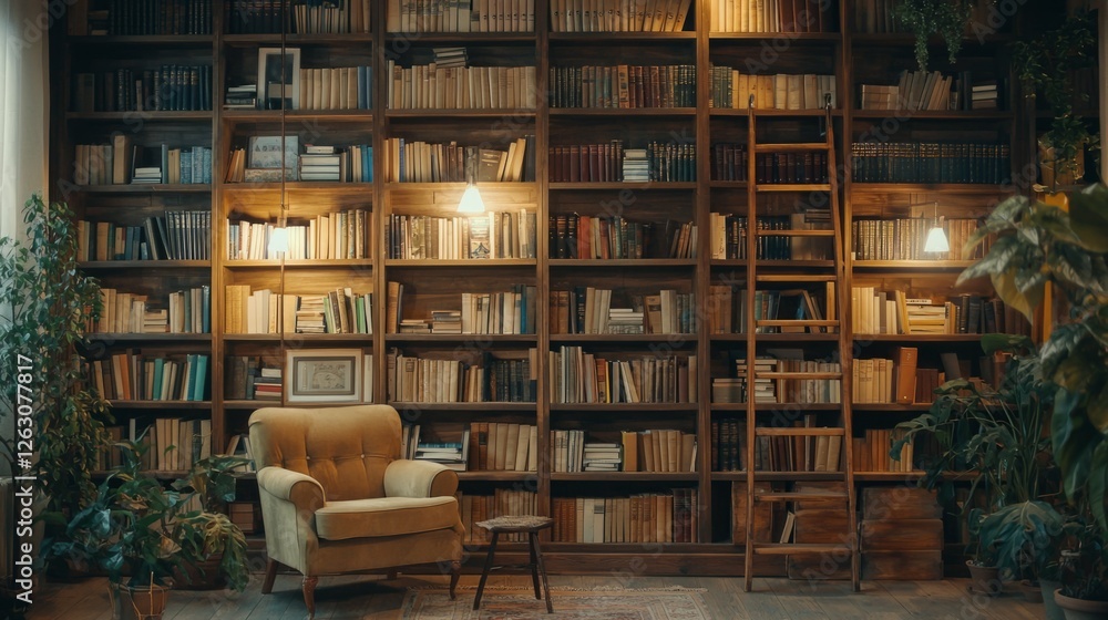 Obraz premium Cozy Reading Corner with Bookshelves and Armchair in Warm Lighting
