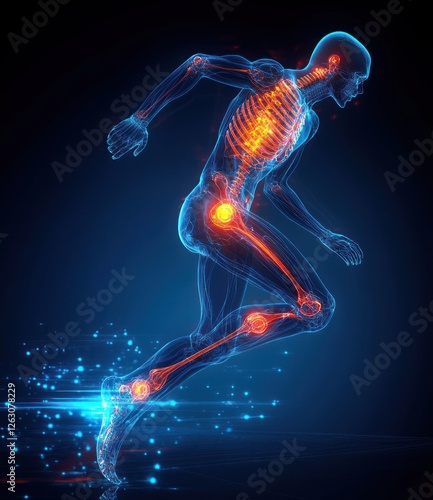 Dynamic Illustration of Running Man with Glowing Knee Joint Radiating Pain and Energy