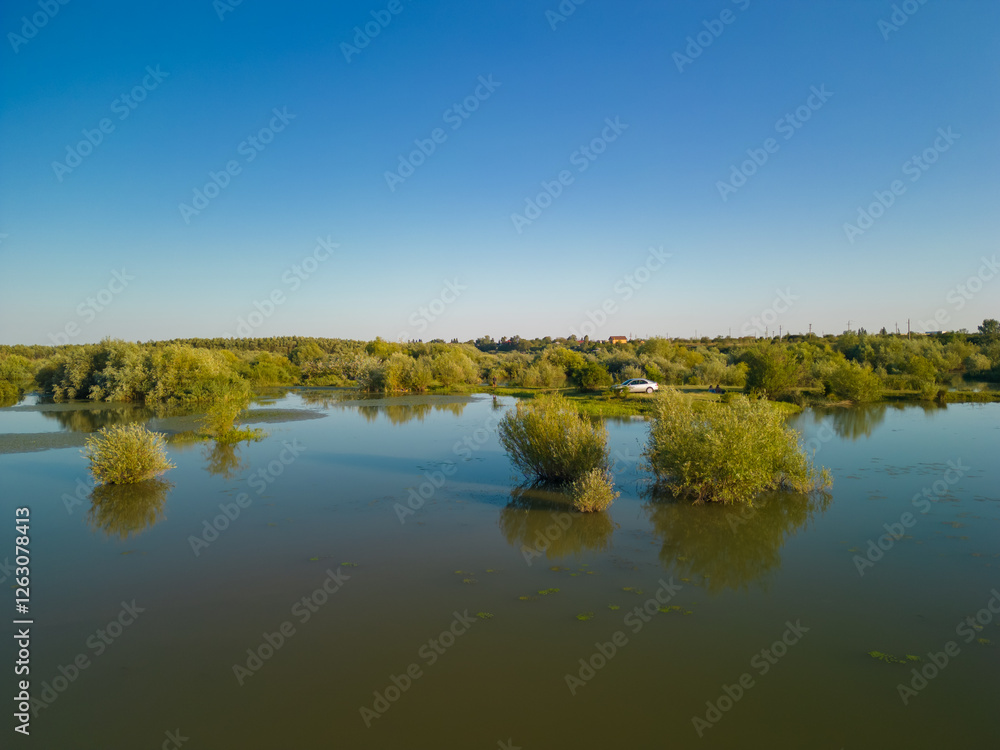Aerial view with a delta, an ecosystem full of lakes and green willows. Amazing wild landscape seen from drone in the summer on a sunny day Aerial view with a delta, an ecosystem full of lakes and green willows. Amazing wild landscape seen from drone in the summer on a sunny day