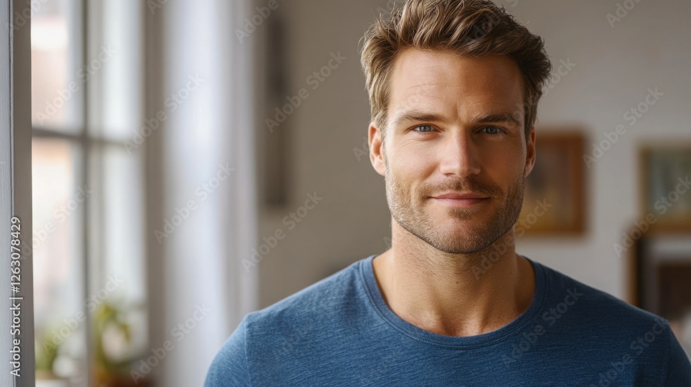 Young man smiling warmly, soft light enhancing his cheerful expression, minimal background. Young man smiling warmly, soft light enhancing his cheerful expression, minimal background.