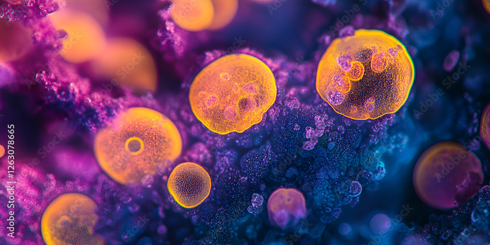 Naklejka premium Microscopic cells in colorful background, Abstract cell structure 