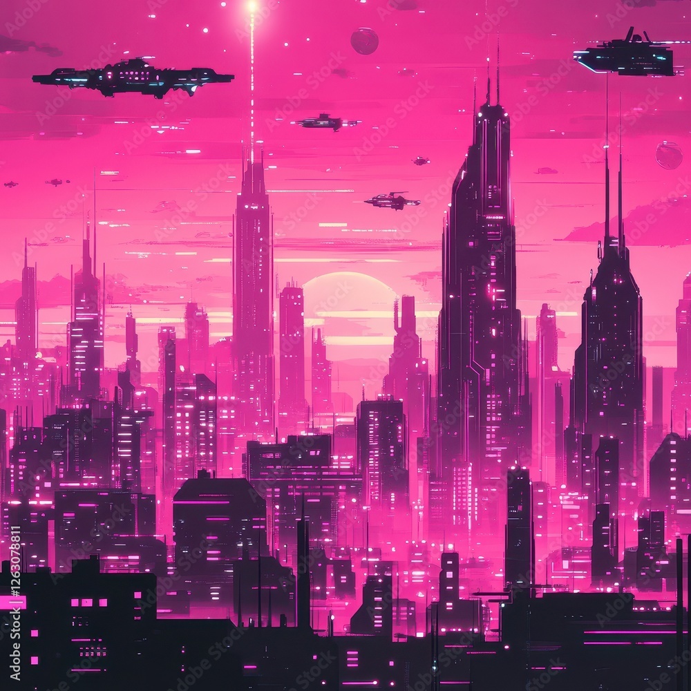 Fototapeta premium Futuristic pink city landscape with flying vehicles and tall buildings