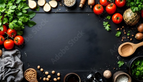 Wallpaper Mural The background of cooking. On a black wooden background. Top view. Free space for your text. Torontodigital.ca