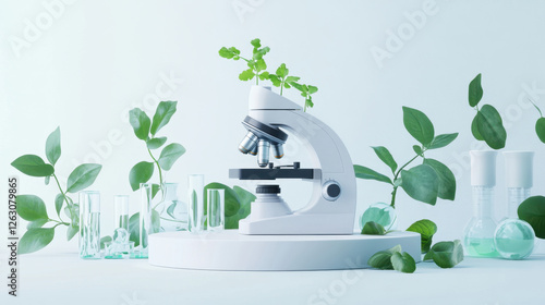 A biology lab with microscopic intelligent devices, test tubes, and plants in the background, technology and innovation.symbolizing environmental protection and sustainable development. 