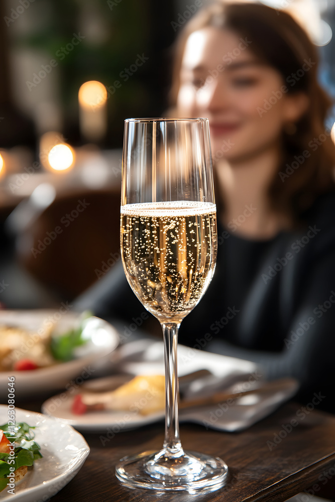 Obraz premium Sparkling champagne flute celebrating national bubble week in restaurant setting