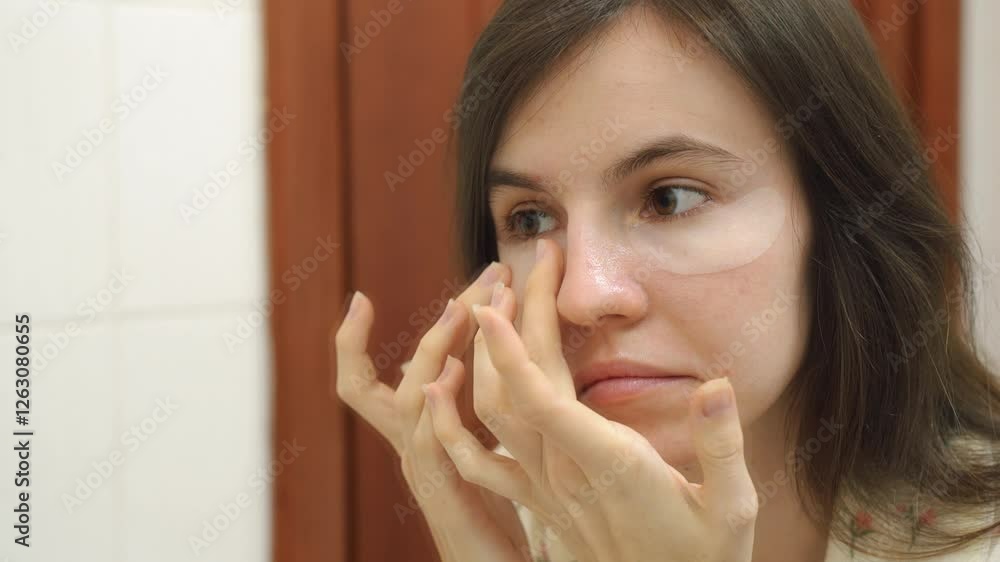 Young woman applying collagen patches under eye. Mask removing wrinkles and dark circles. Girl taking care of delicate skin around eye. Beauty treatment Young woman applying collagen patches under eye. Mask removing wrinkles and dark circles. Girl taking care of delicate skin around eye. Beauty treatment