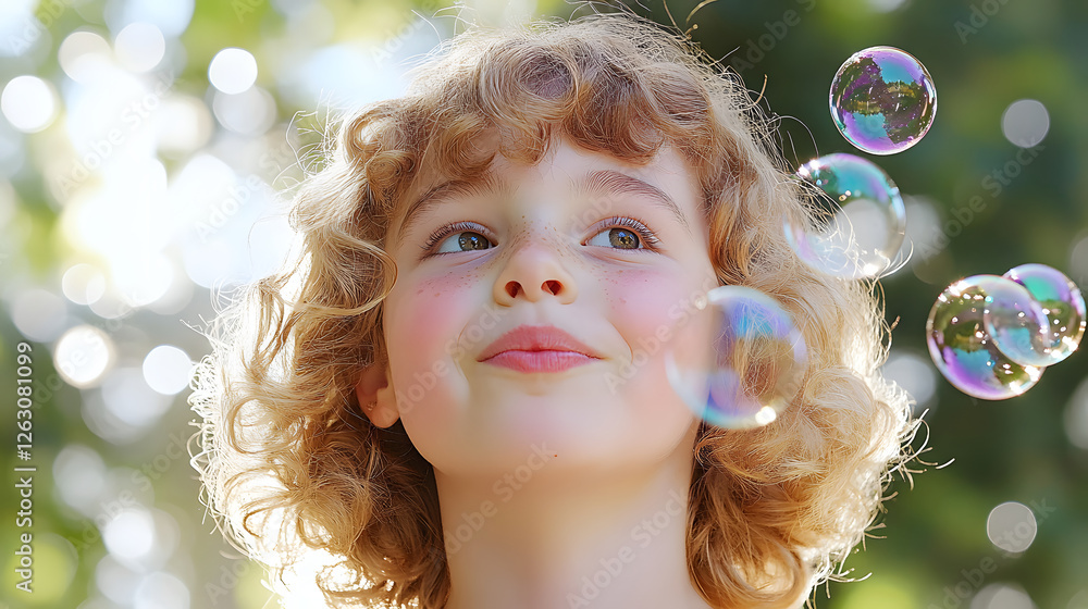 Happy child enjoying soap bubbles in nature during national bubble week Happy child enjoying soap bubbles in nature during national bubble week