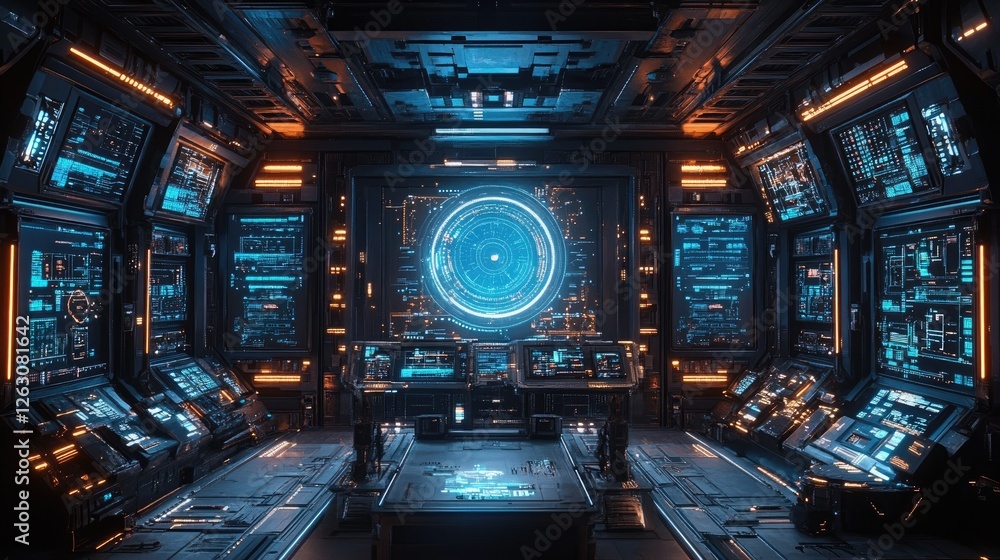 Fototapeta premium Futuristic Spaceship Bridge Control Room Interior Design