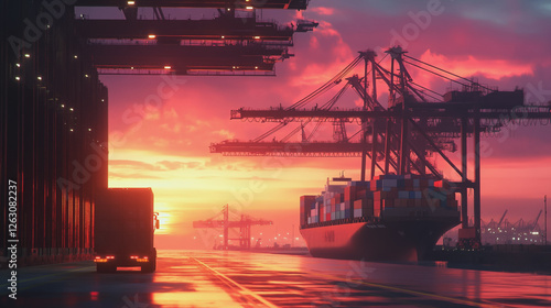 Container truck in ship port for business Logistics and transportation of Container Cargo ship and Cargo plane with working crane bridge in shipyard at sunrise, logistic import export and transport

 photo