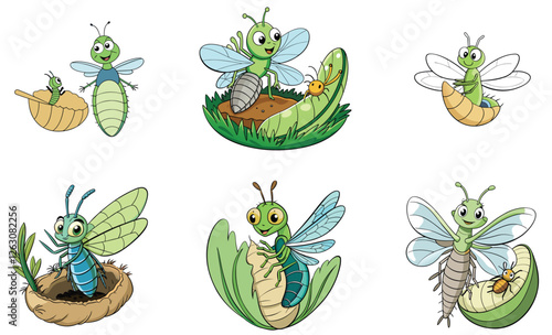 Damselfly emerging from nymph stage vector art design set on white background 