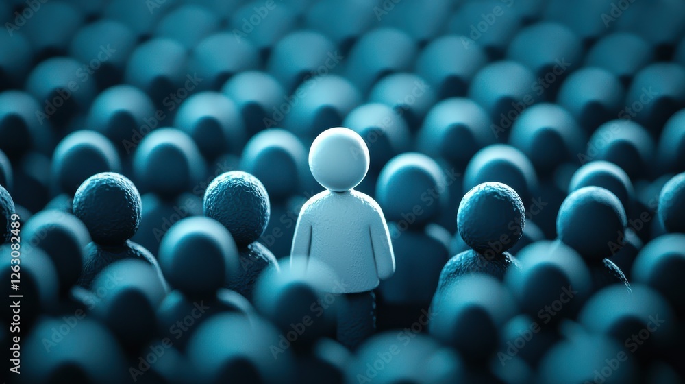 Obraz premium lone figure stands out among crowd of blue silhouettes, symbolizing individuality and engagement. This represents importance of employee engagement in workplace setting