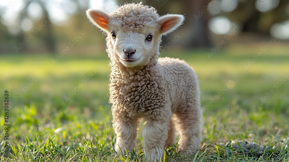 Fototapeta premium Fluffy newborn lamb standing in a green pasture under soft morning light
