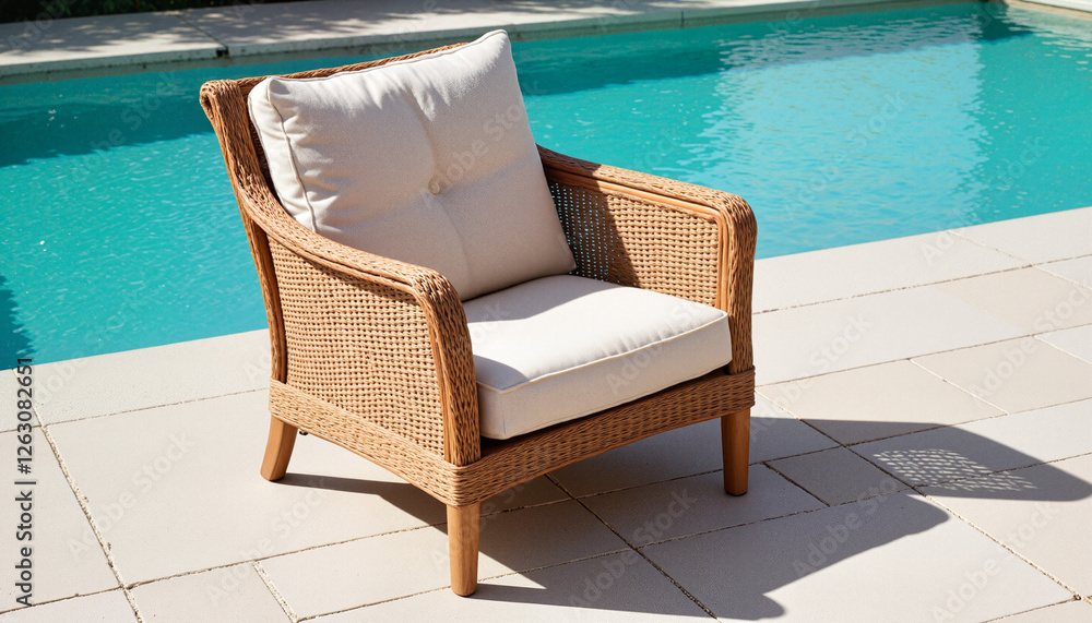 Stylish rattan poolside chair with neutral cushion beside turquoise swimming pool, tranquil outdoor setting Stylish rattan poolside chair with neutral cushion beside turquoise swimming pool, tranquil outdoor setting