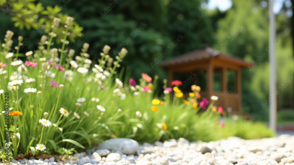 Serene Garden Scene with Colorful Flowers and Wooden Gazebo