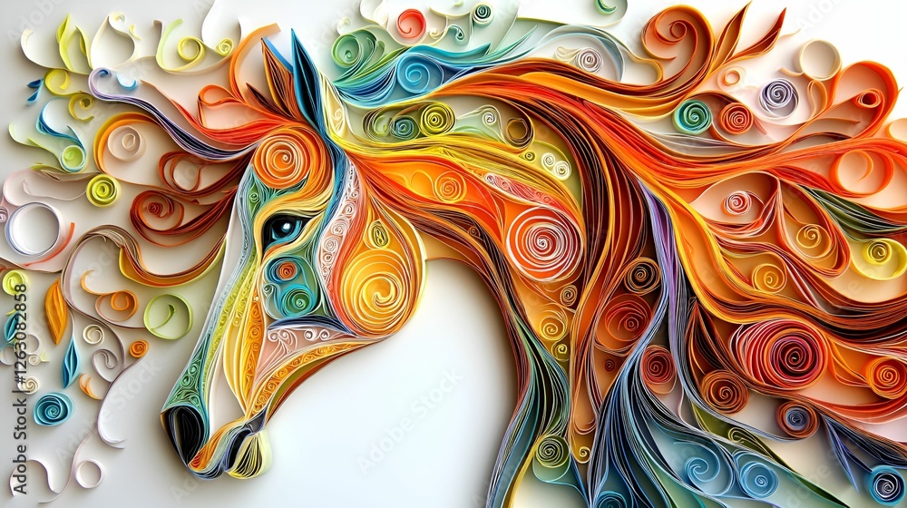Fototapeta premium Animal Portrait paper quilling concept. Colorful artistic depiction of a horse with swirling patterns and vibrant details.