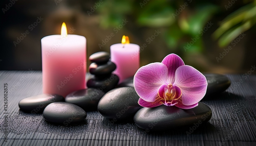 spa background with pink orchid candle and zen black stones spa background with pink orchid candle and zen black stones