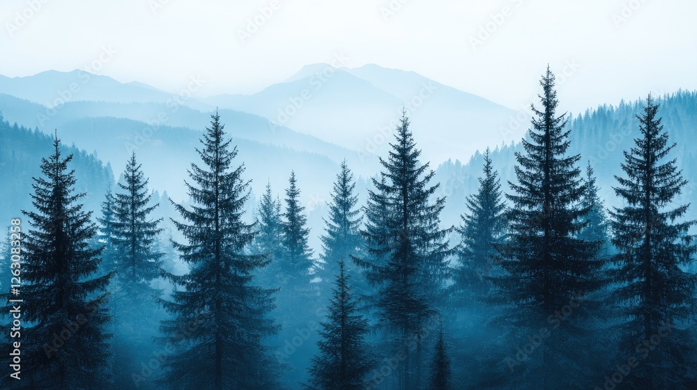 Obraz premium Misty Mountains and a Forest of Tall Evergreen Trees