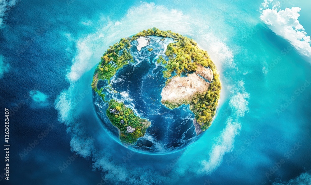 Fototapeta premium Aerial view of Earth, lush green continents, blue oceans, white clouds, environmental conservation