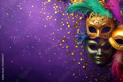 Wallpaper Mural Carnival Celebration A vibrant mask adorned with feathers and glitter against a rich purple backdrop evoking the festive spirit of Mardi Gras or Venetian Carnevale Torontodigital.ca