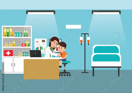 Little boy on medical check up with female pediatrician doctor cartoon vector. 