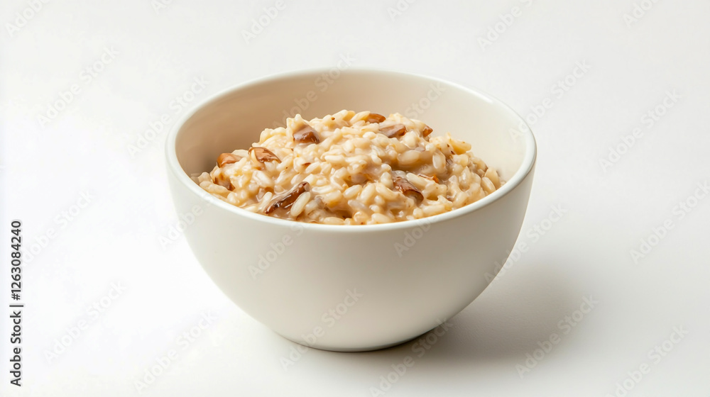a delicious bowl of creamy mushroom risotto placed on a clean white background a delicious bowl of creamy mushroom risotto placed on a clean white background