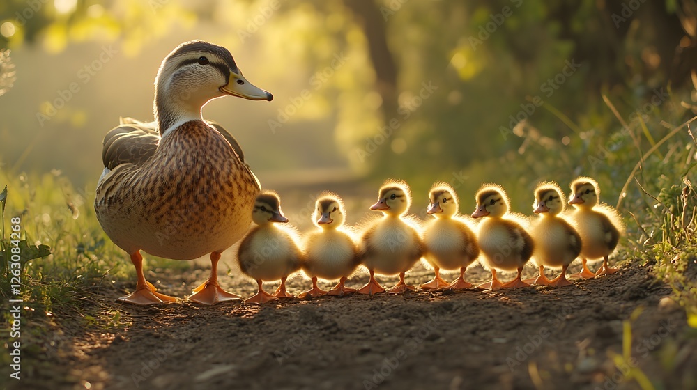 Fototapeta premium Ducklings following their mother across a dirt path, sweet and heartwarming moment