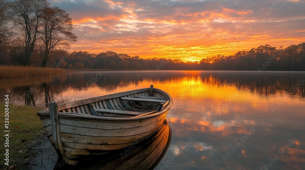 Fototapeta premium Old wooden boat at sunset on tranquil lake