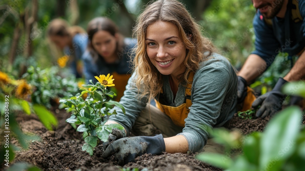 Group of Volunteers Planting Flowers in a Community Garden Setting Group of Volunteers Planting Flowers in a Community Garden Setting