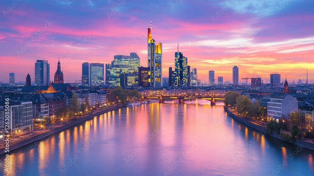 Fototapeta premium Frankfurt Skyline at Sunset Reflecting on River