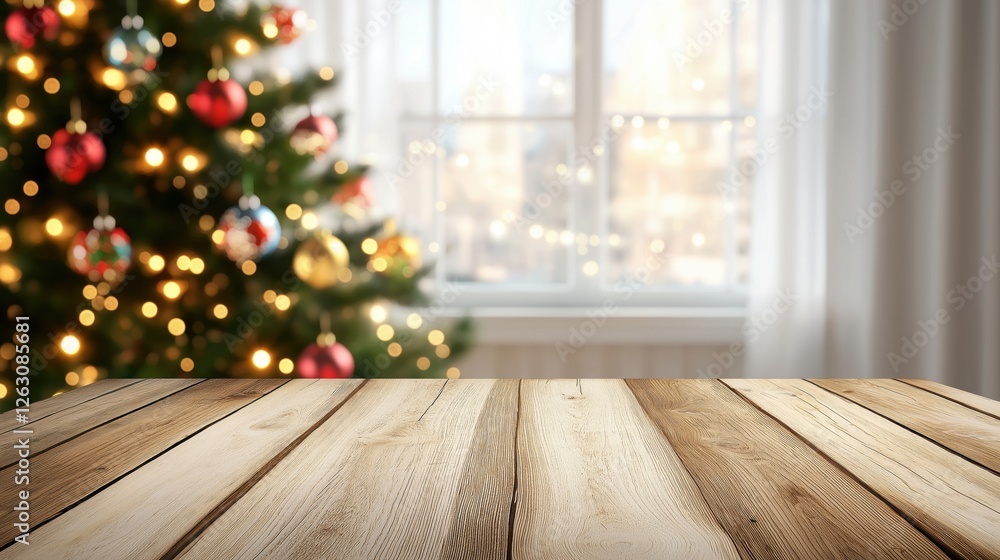 wooden table top in the foreground. The table top is empty and is placed in front of a window with white curtains. The background is blurred wooden table top in the foreground. The table top is empty and is placed in front of a window with white curtains. The background is blurred