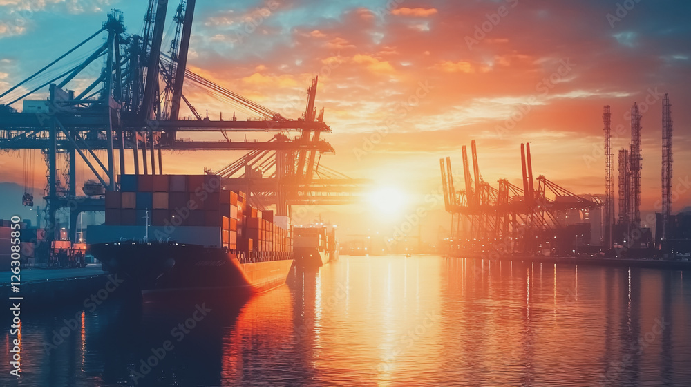 Obraz premium Container truck in ship port for business Logistics and transportation of Container Cargo ship and Cargo plane with working crane bridge in shipyard at sunrise, logistic import export and transport