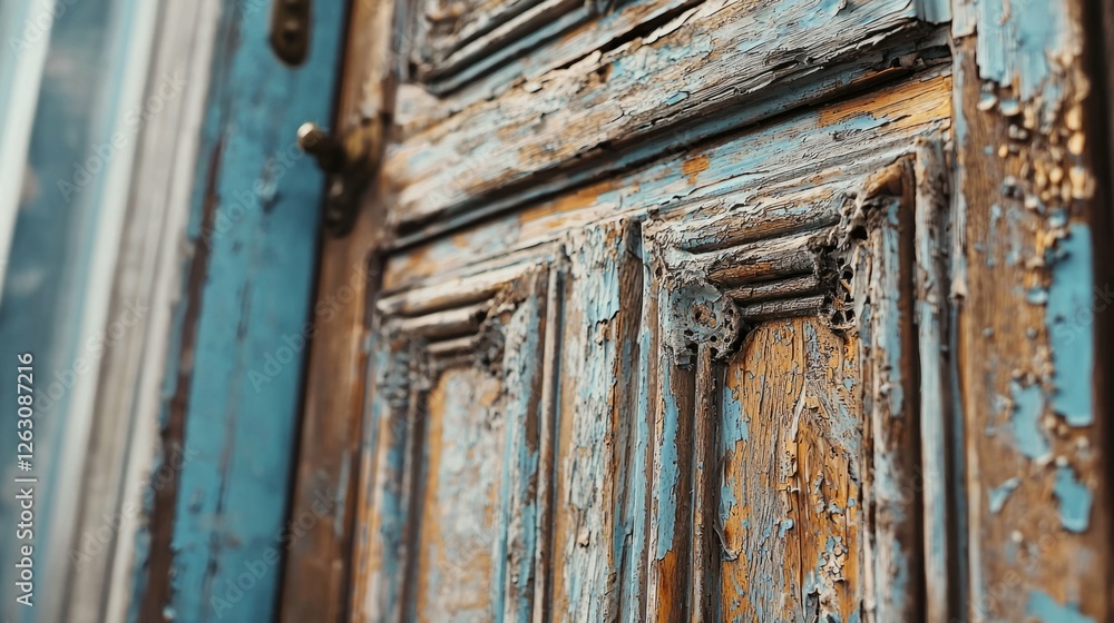 Weathered Wooden Door with Chipped Blue Paint in Close-Up View Weathered Wooden Door with Chipped Blue Paint in Close-Up View