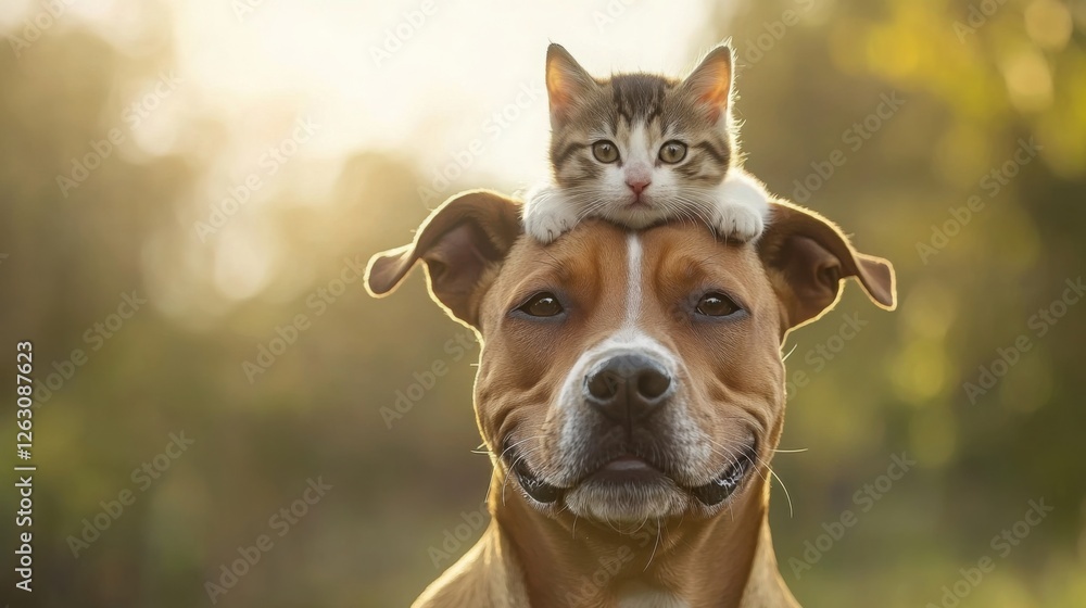 Obraz premium Playful mixed breed dog with kitten on head, showcasing heartwarming animal friendship.