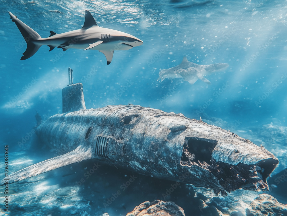 Fototapeta premium Epave de sous marin au fond de la mer entourée de requins