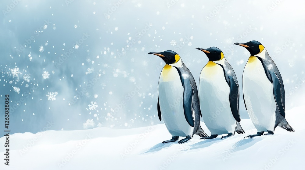 Three emperor penguins standing on a snowy landscape, surrounded by falling snowflakes, evoking winter Three emperor penguins standing on a snowy landscape, surrounded by falling snowflakes, evoking winter