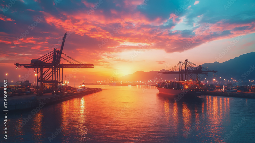 Container truck in ship port for business Logistics and transportation of Container Cargo ship and Cargo plane with working crane bridge in shipyard at sunrise, logistic import export and transport
Container truck in ship port for business Logistics and transportation of Container Cargo ship and Cargo plane with working crane bridge in shipyard at sunrise, logistic import export and transport