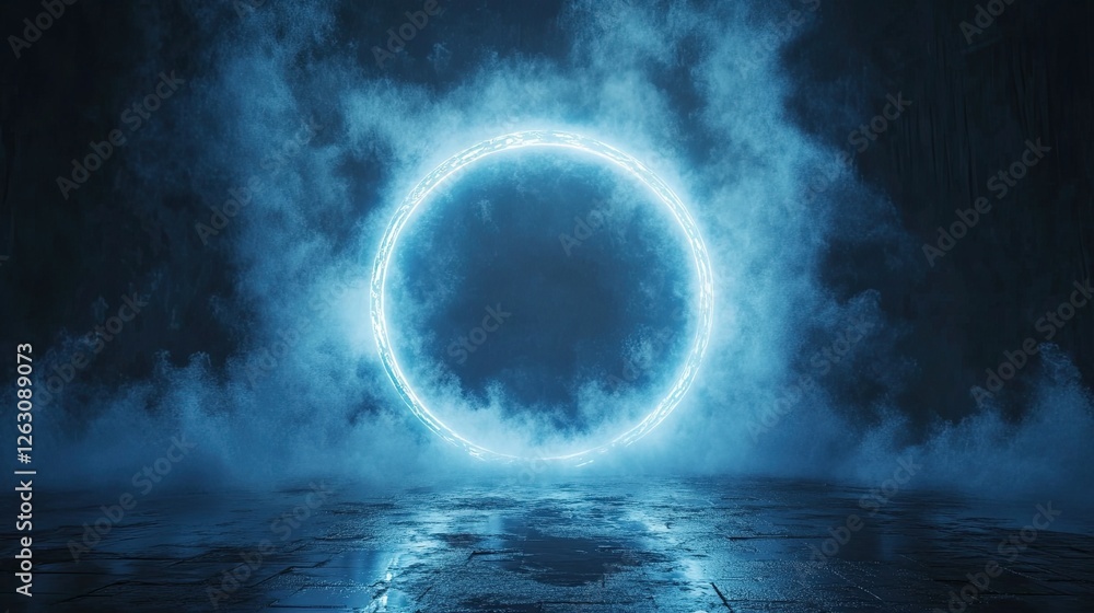 Fototapeta premium Futuristic glowing ring emerging from mist, symbolizing technology and mystery.