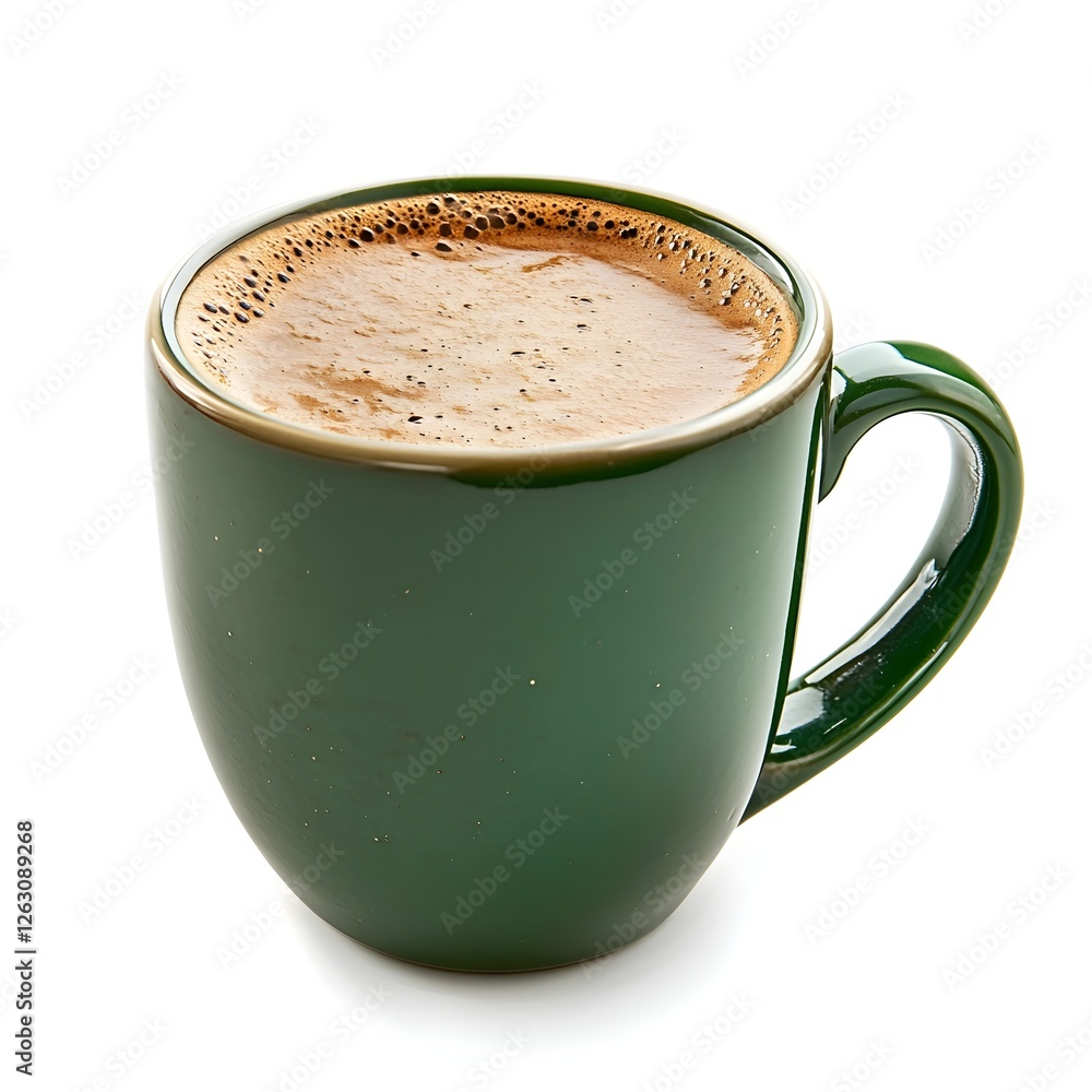 Obraz premium Freshly Brewed Coffee Served in a Vibrant Green Ceramic Mug on a White Background