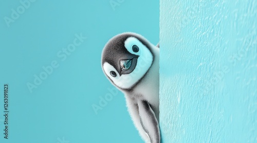 Adorable Baby Penguin Peeking from Behind a Textured Surface