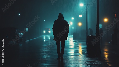 Rainy Night Walk: A Solitary Figure Journeys Through A City Street, Illuminated By Streetlights And Reflective Puddles In A Melancholic Scene.