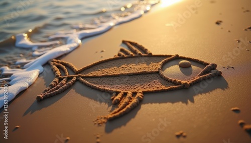 A fish symbol (Ichthys) is drawn in the sand on a beach, with waves gently approaching. The image captures the serene moment of the tide nearing the detailed sand art, highlighting the transient beaut