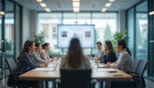 Blurred Office Background with People Engaged in Meetings and Collaborative Work at a Conference Table