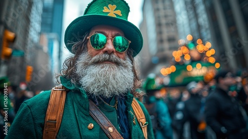 Senior man celebrating saint patrick's day in city parade photo