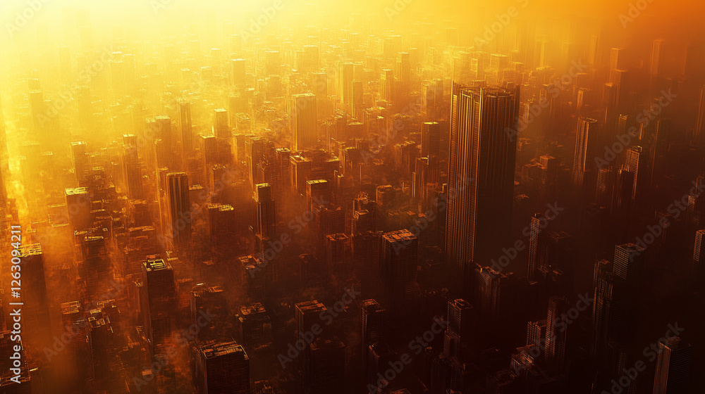 Obraz premium Megacity under haze struggles with pollution and overpopulation during sunset glow