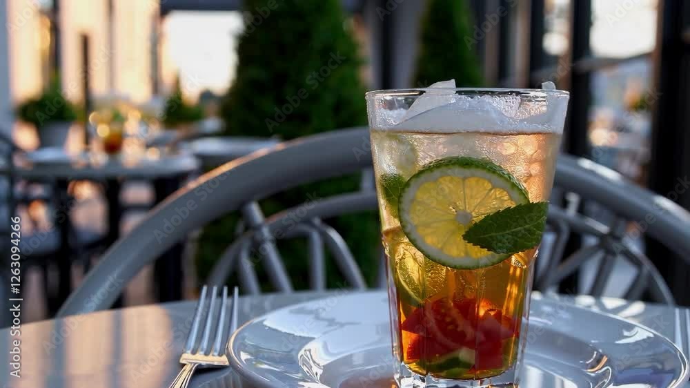 On a sunny day on the terrace, there is a glass with a drink decorated with lemon and mint on the table, which reflects the light and creates a feeling of freshness and tranquility On a sunny day on the terrace, there is a glass with a drink decorated with lemon and mint on the table, which reflects the light and creates a feeling of freshness and tranquility