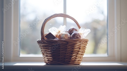 Eco friendly Easter basket ideas featuring organic chocolates and wooden toys in a rustic woven basket illuminated by soft natural light photo