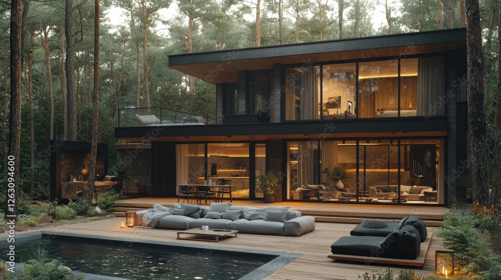 Fototapeta premium Modern Forest Home With Pool And Outdoor Seating